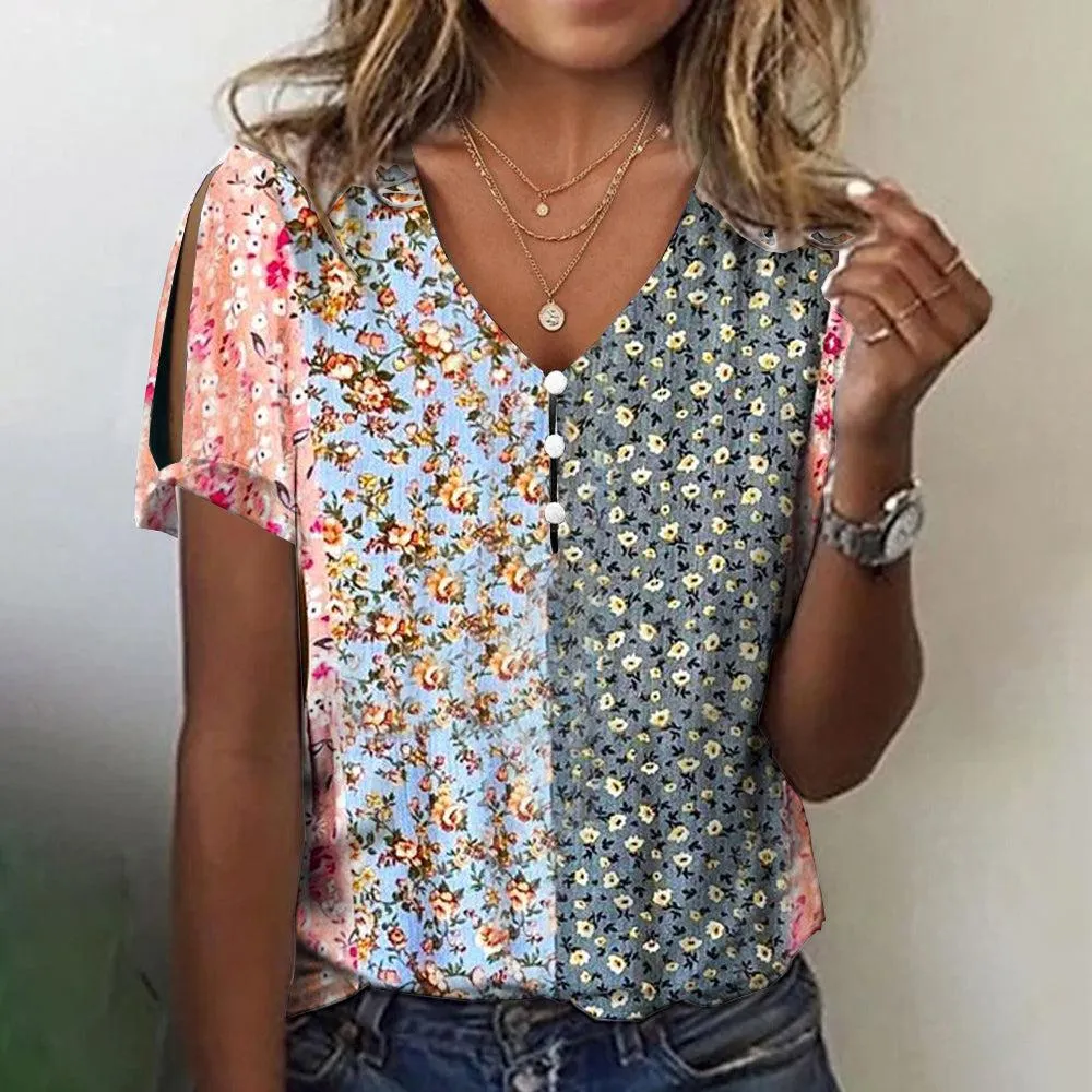 NEW Bovuf Mixed Floral Patchwork Print Split Sleeve Top, Sz L, Retails $72