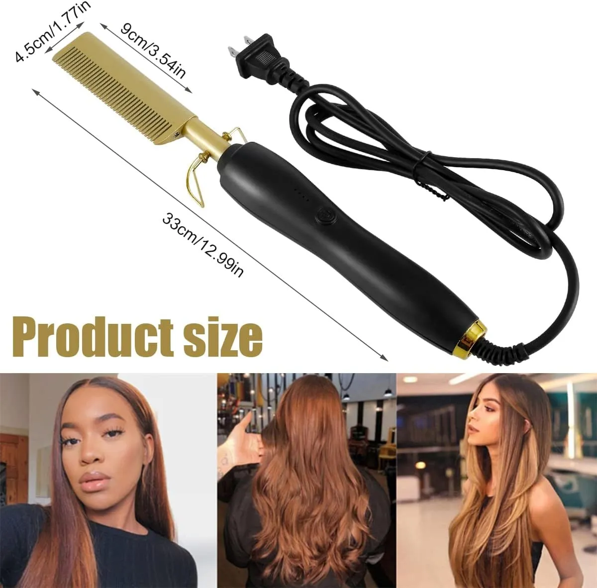 NEW Hot Comb Hair Straightener, 2-in-1 Temp Adjustable Electric Heating Comb for Curling Hair, Portable Unisex Anti-Scald Hair Comb, Aluminium Alloy Electric Hot Comb for Wigs Beards (Has Euro & US/CDN Plugs)