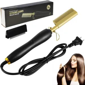 NEW Hot Comb Hair Straightener, 2-in-1 Temp Adjustable Electric Heating Comb for Curling Hair, Portable Unisex Anti-Scald Hair Comb, Aluminium Alloy Electric Hot Comb for Wigs Beards (Has Euro & US/CDN Plugs)