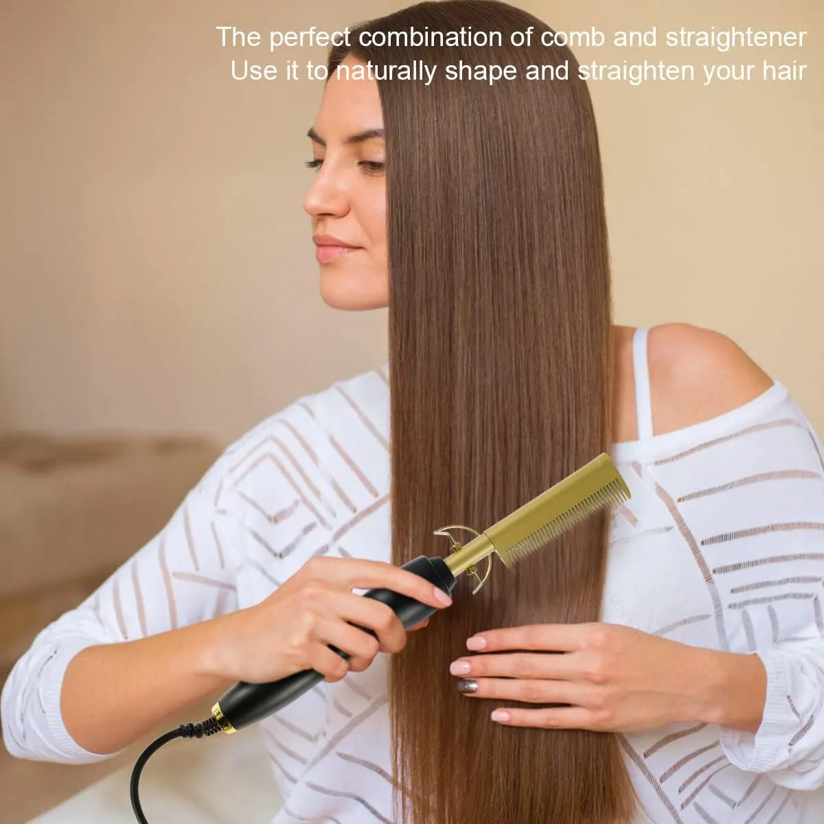 NEW Hot Comb Hair Straightener, 2-in-1 Temp Adjustable Electric Heating Comb for Curling Hair, Portable Unisex Anti-Scald Hair Comb, Aluminium Alloy Electric Hot Comb for Wigs Beards (Has Euro & US/CDN Plugs)