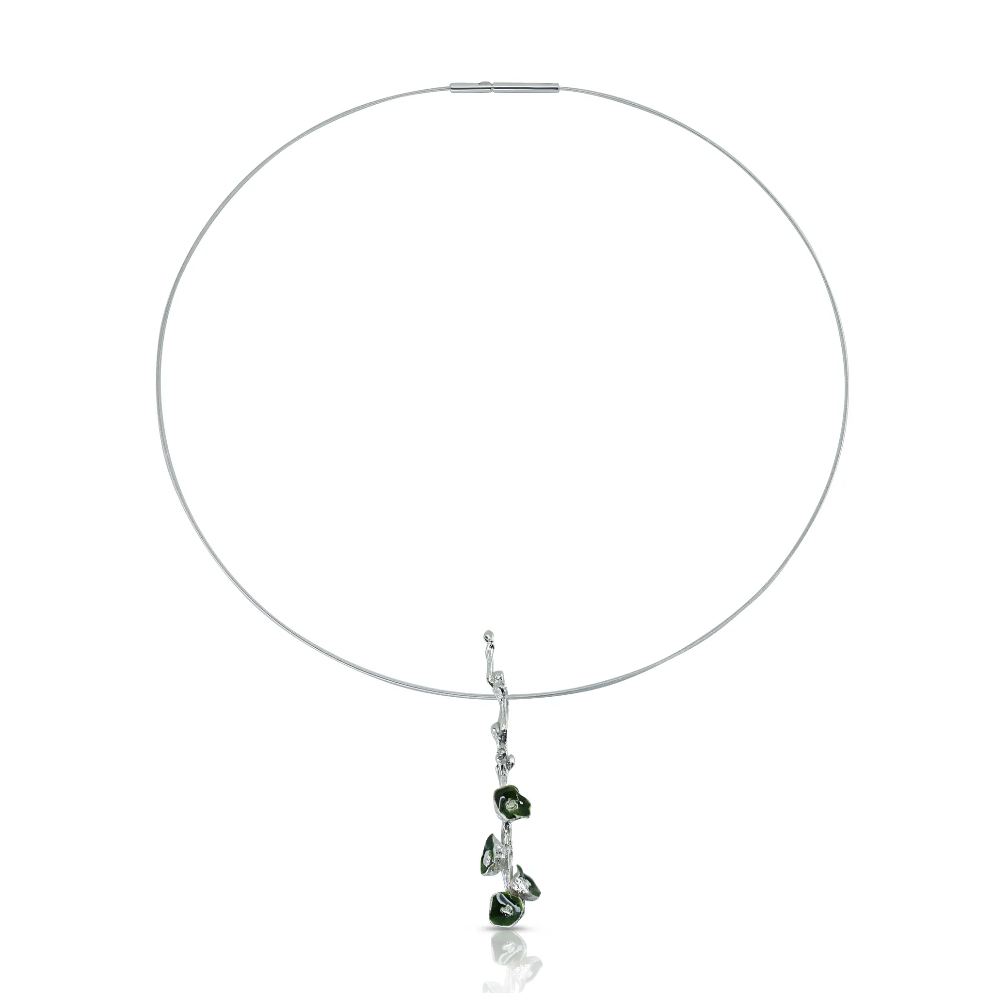 One-Of-A-Kind Silver and Green Enamel Poppy Necklace