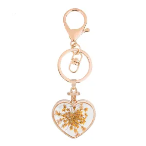 Orange Pressed Gypsophila & 18K Gold-Plated Heart Key Chain