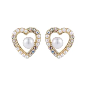 Pearl & Cubic Zirconia 18K Gold-Plated Heart Stud Earring