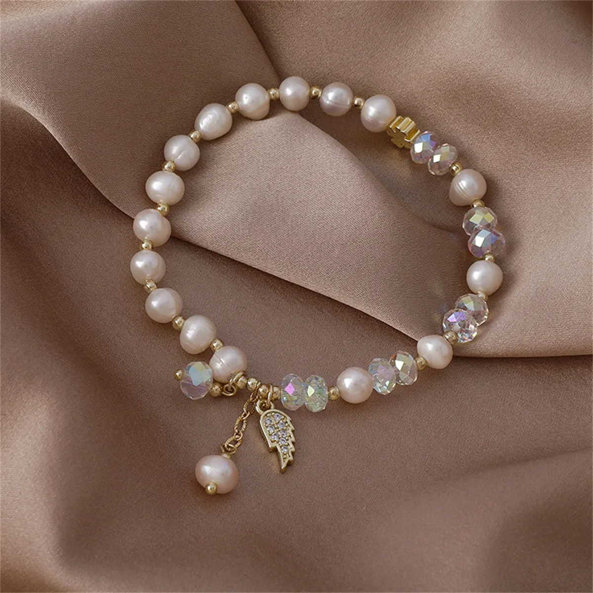 Pearl & Cubic Zirconia 18K Gold-Plated Wing Charm Stretch Bracelet