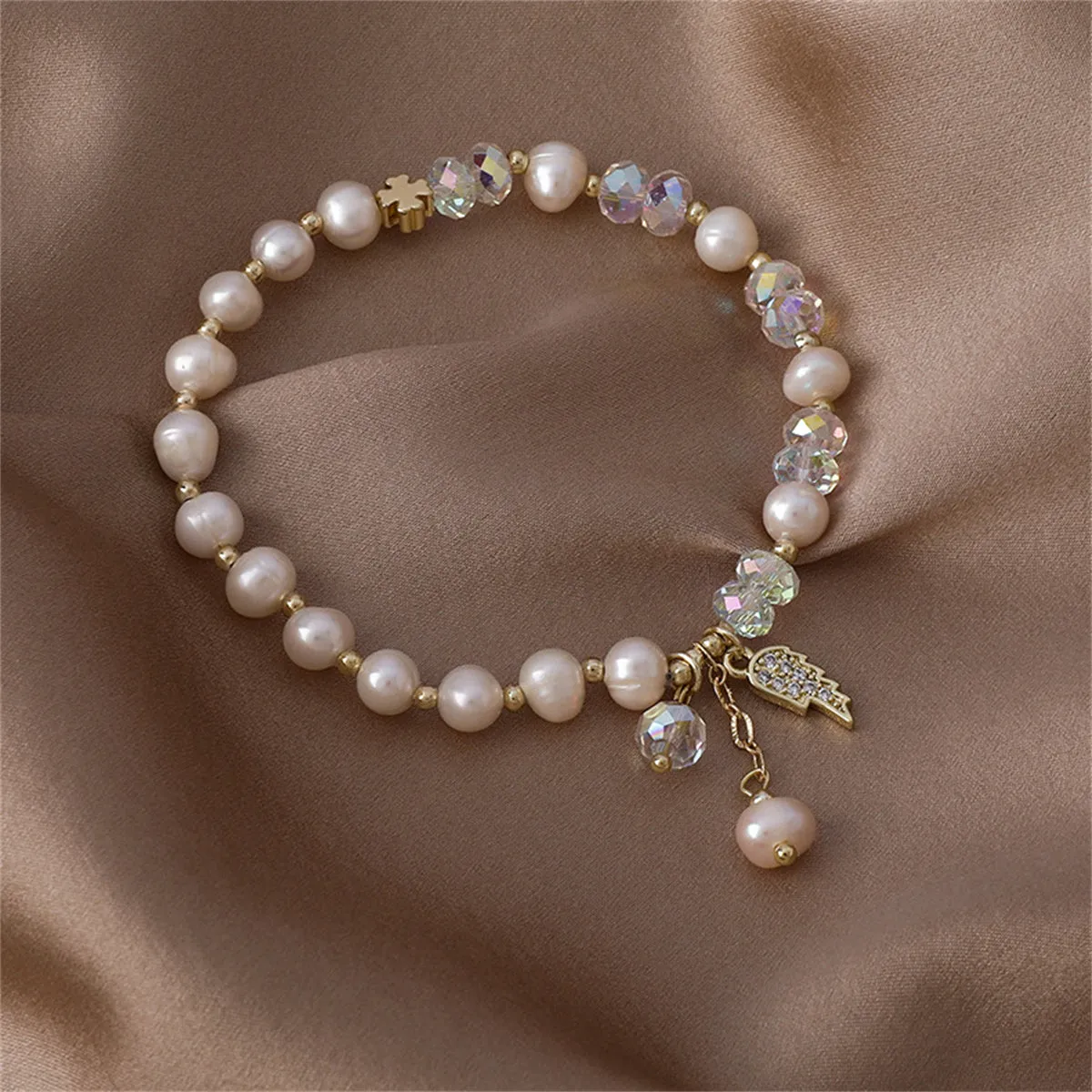 Pearl & Cubic Zirconia 18K Gold-Plated Wing Charm Stretch Bracelet