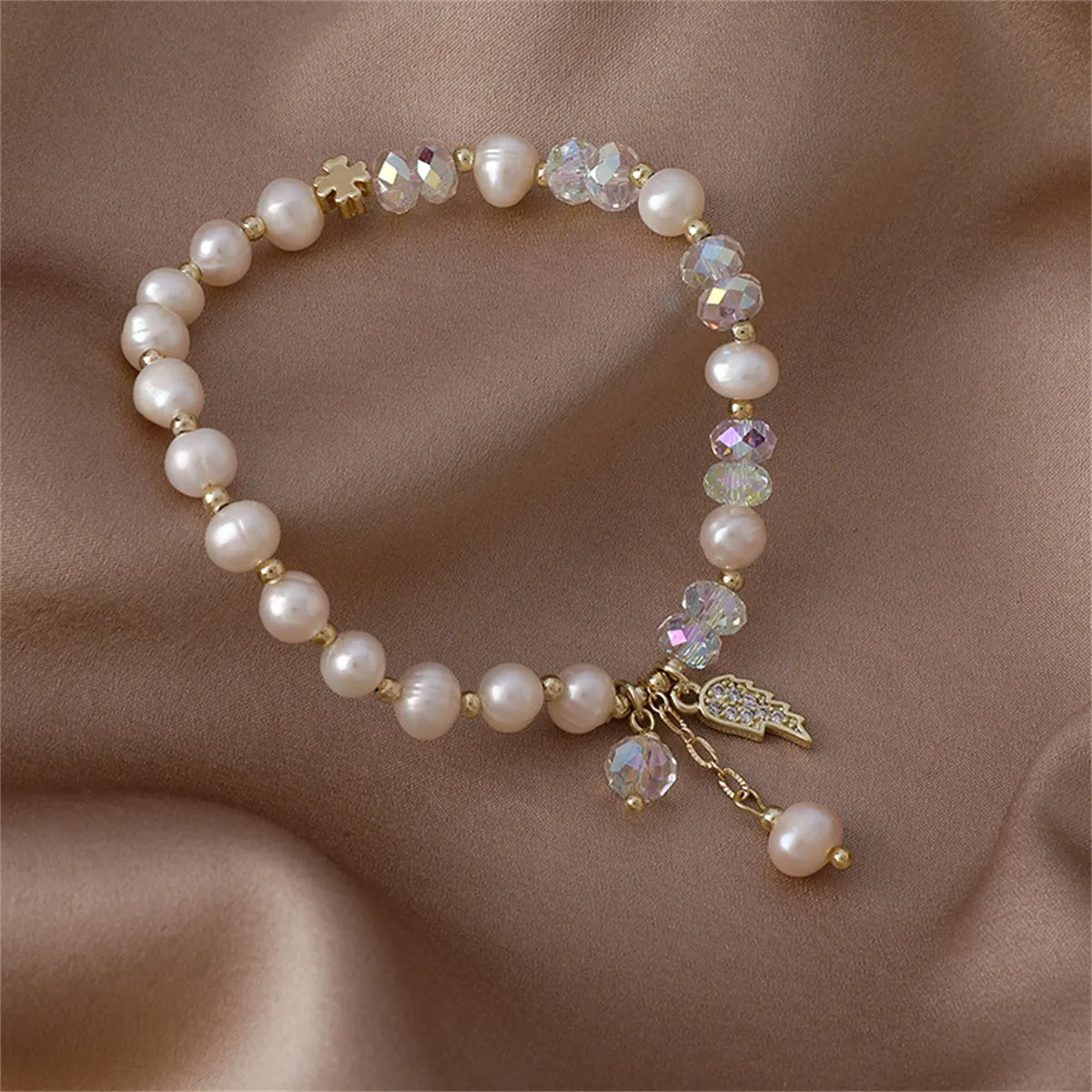 Pearl & Cubic Zirconia 18K Gold-Plated Wing Charm Stretch Bracelet