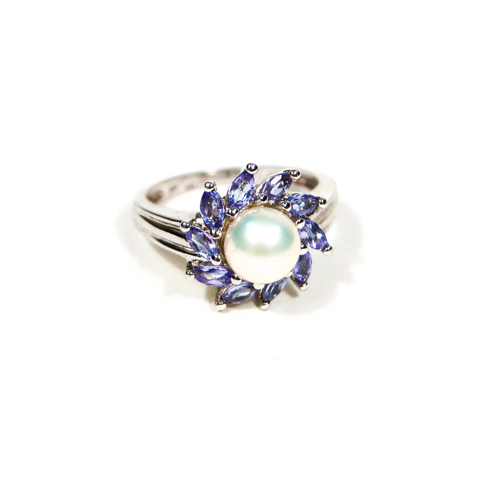 Pearl and Tanzanite Sunburst Ring set in Sterling Silver