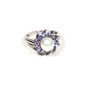 Pearl and Tanzanite Sunburst Ring set in Sterling Silver
