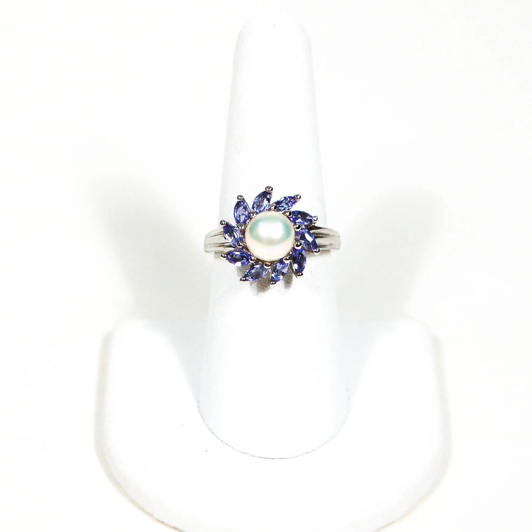 Pearl and Tanzanite Sunburst Ring set in Sterling Silver