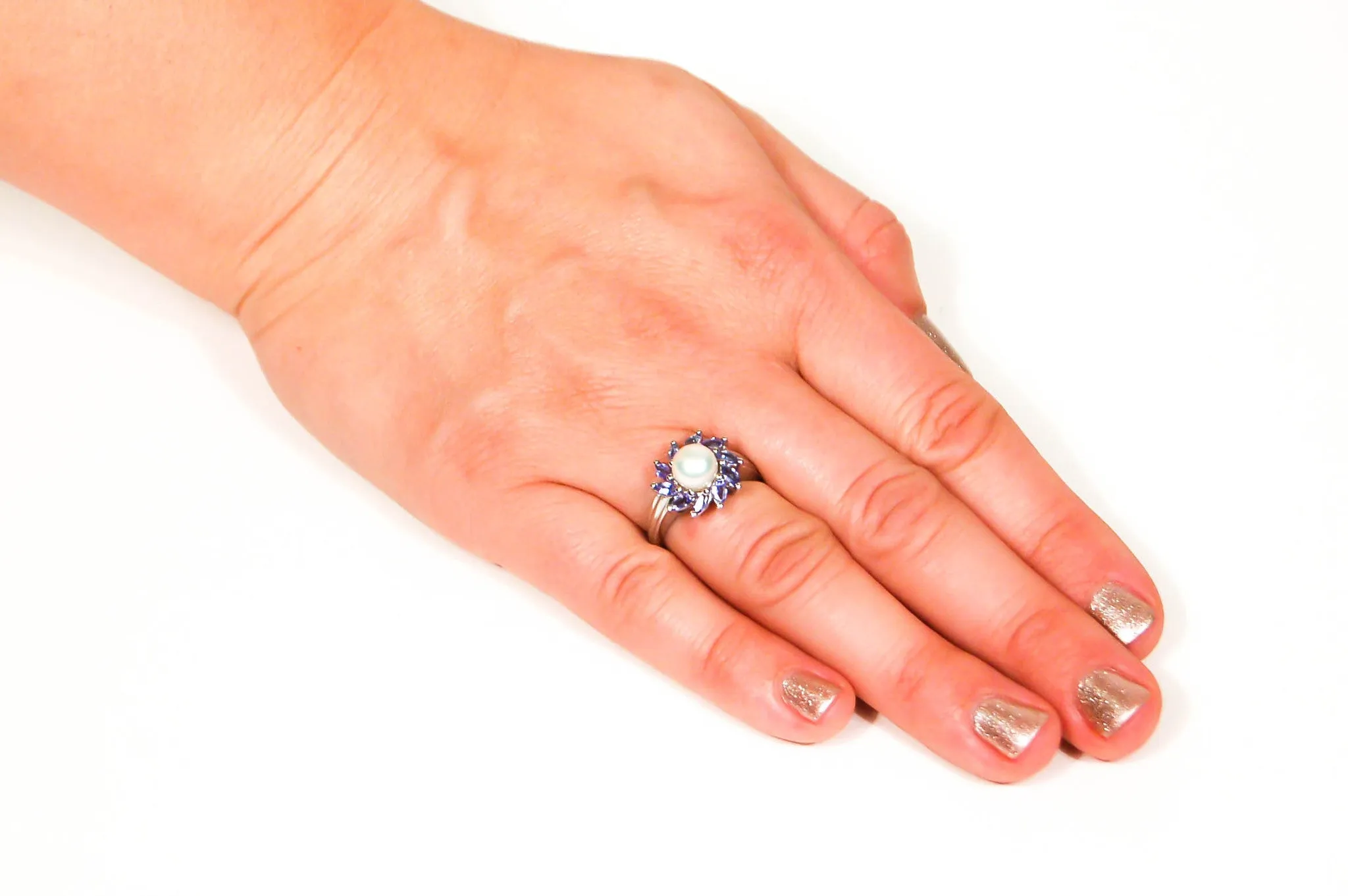 Pearl and Tanzanite Sunburst Ring set in Sterling Silver
