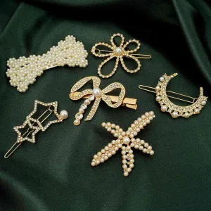 Pearl Bow Hair Clips Set of 6