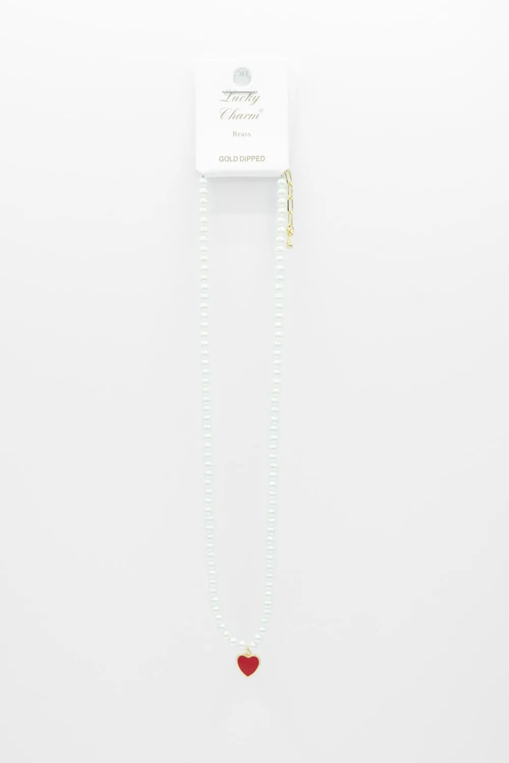 Pearl Chain Red Heart Charm Necklace in Gold | 199472-RDGD