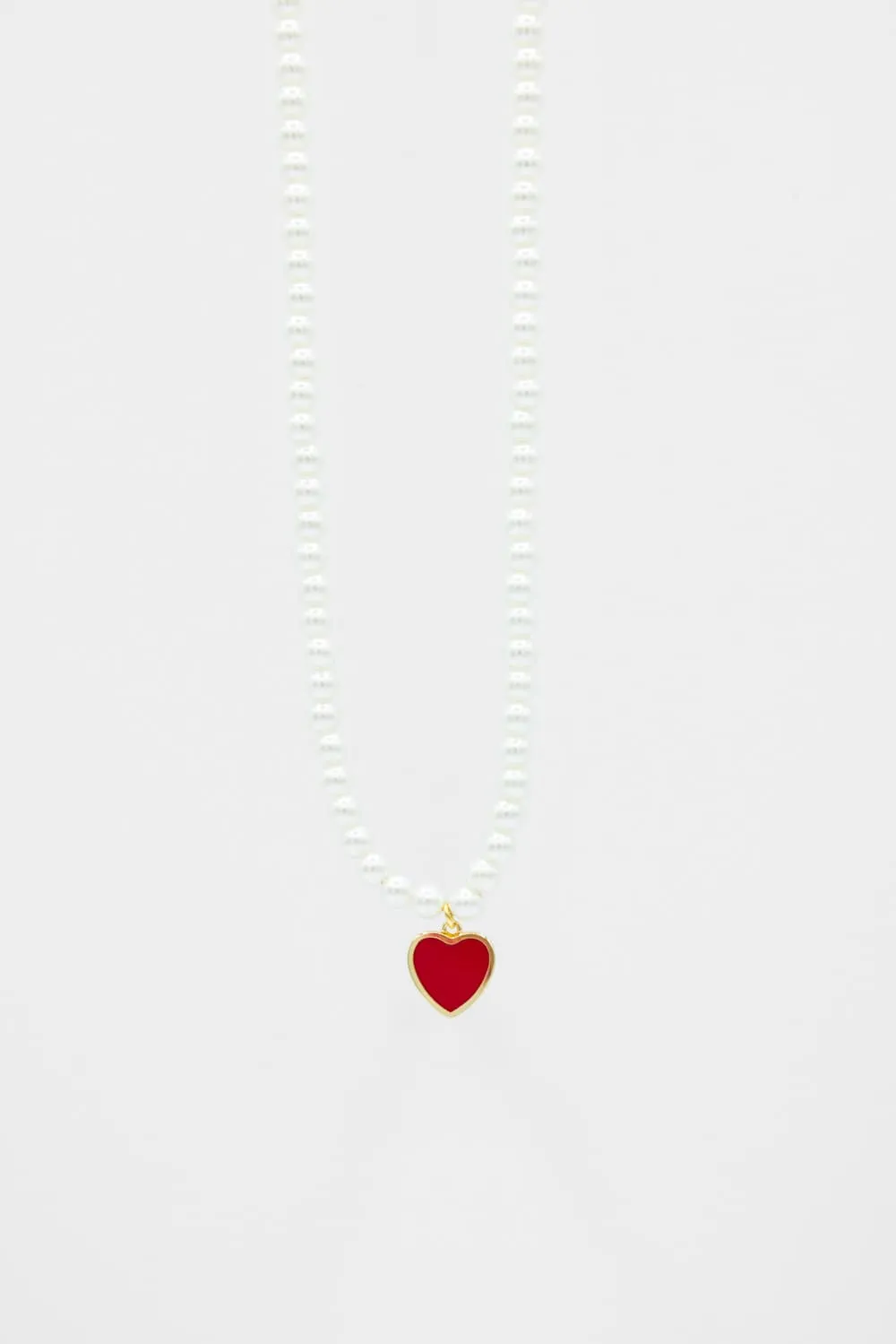 Pearl Chain Red Heart Charm Necklace in Gold | 199472-RDGD