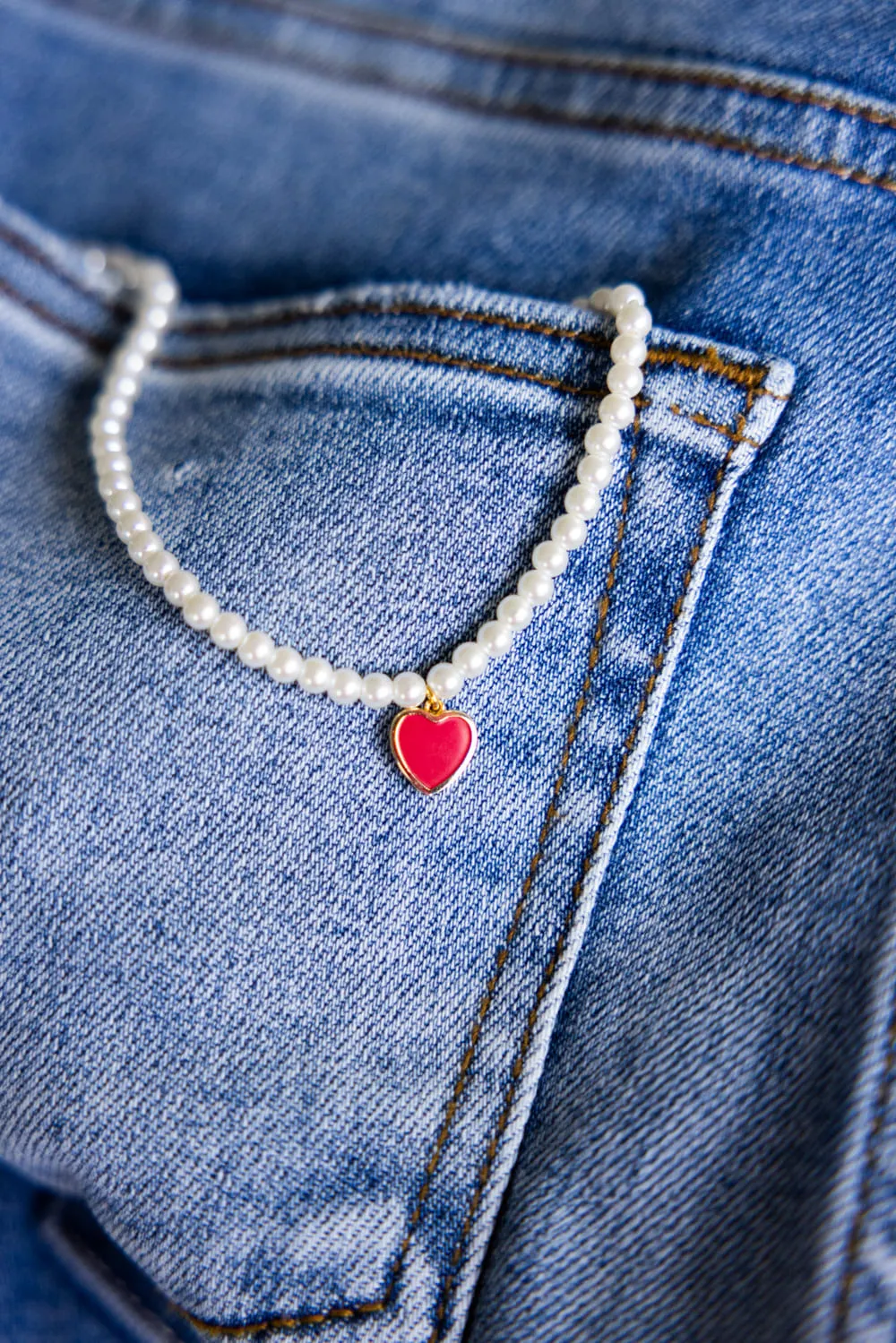 Pearl Chain Red Heart Charm Necklace in Gold | 199472-RDGD