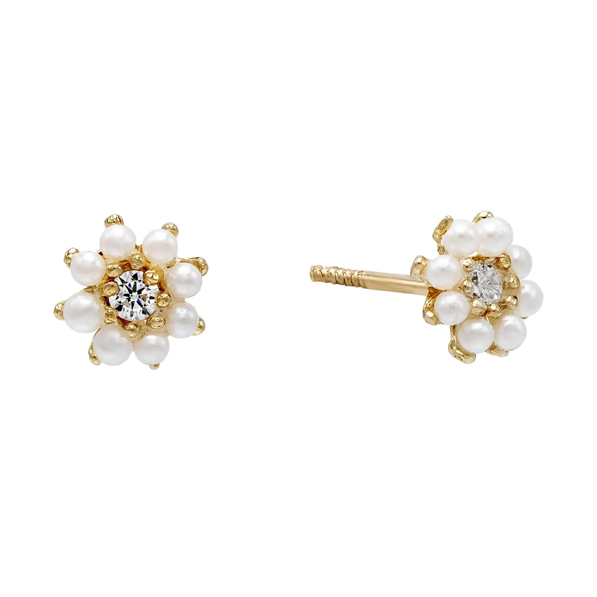 Pearl CZ Flower Stud Earring 14K