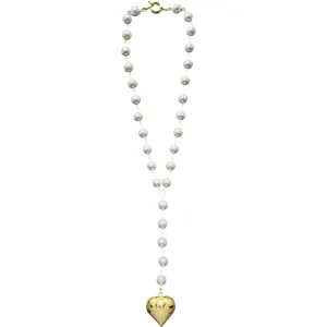 Pearl Lariat Necklace with Gold Heart