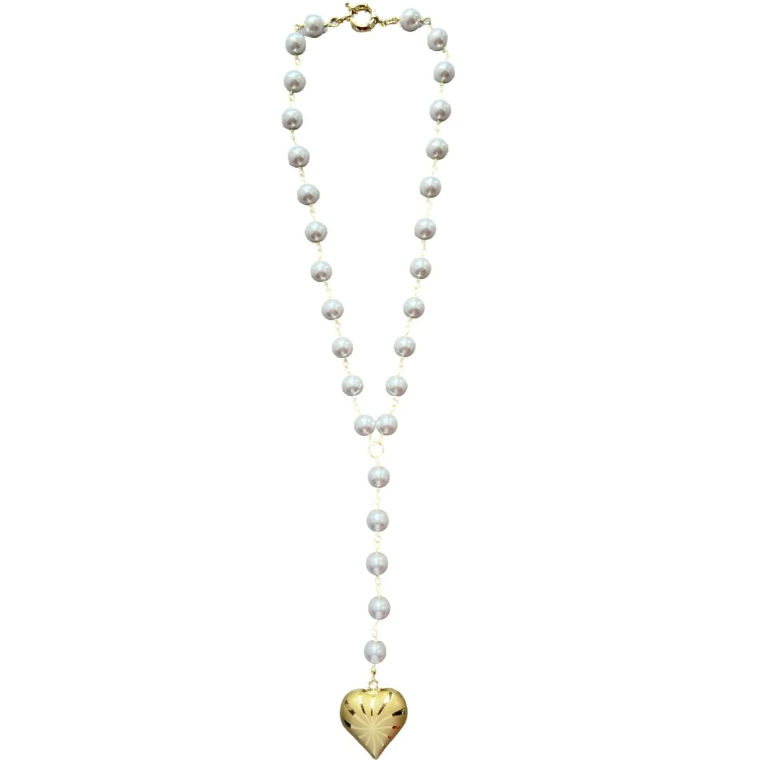 Pearl Lariat Necklace with Gold Heart