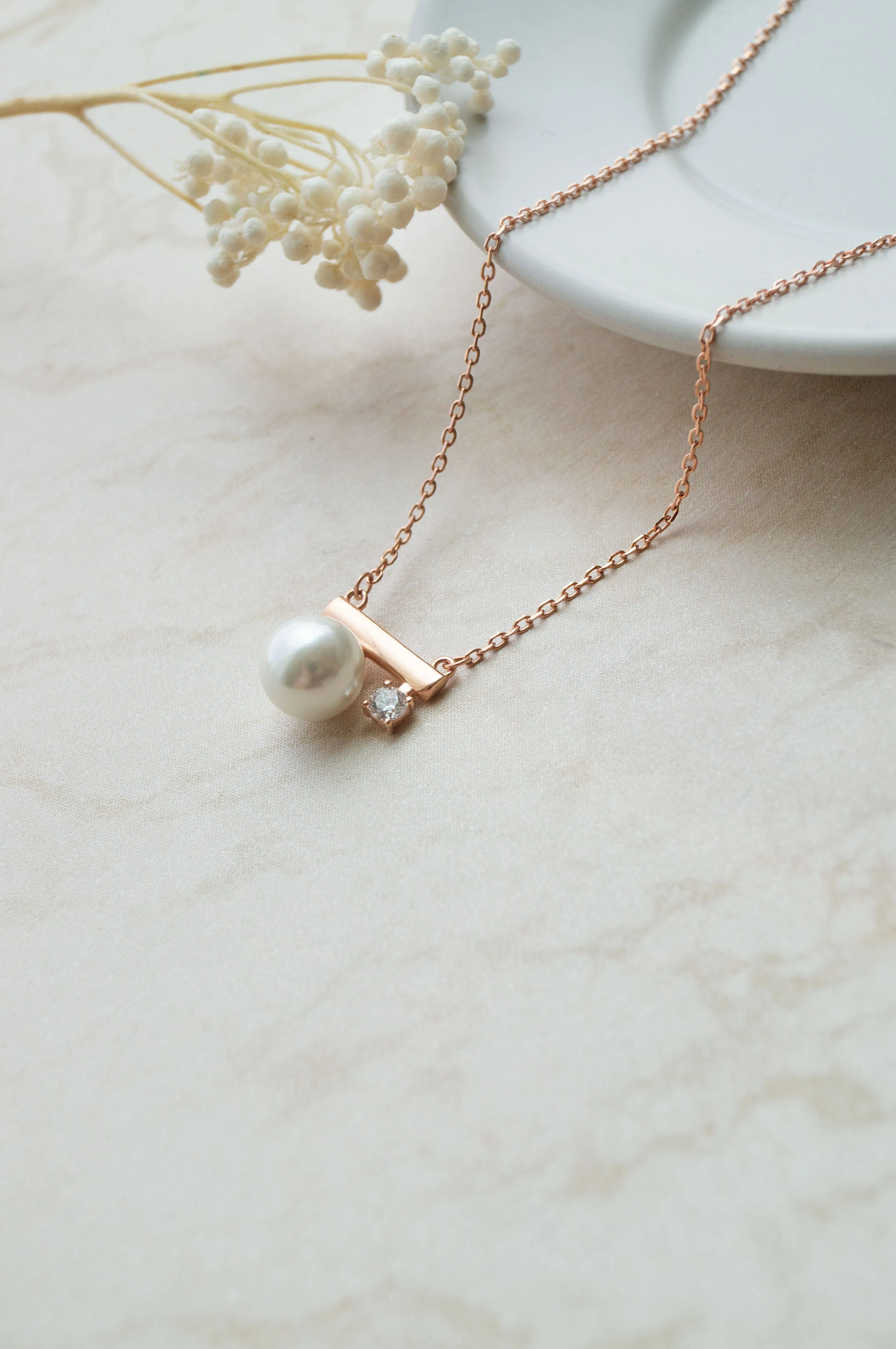 Pearl Underscore Sparkle Rose Gold Plated Sterling Silver Chain Necklace