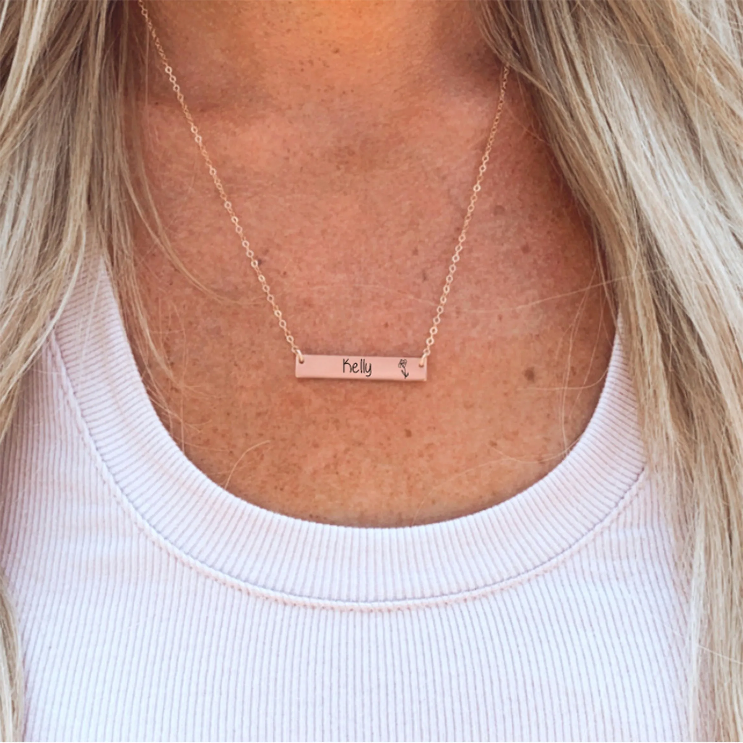 Personalized Birth Flower Bar Necklace