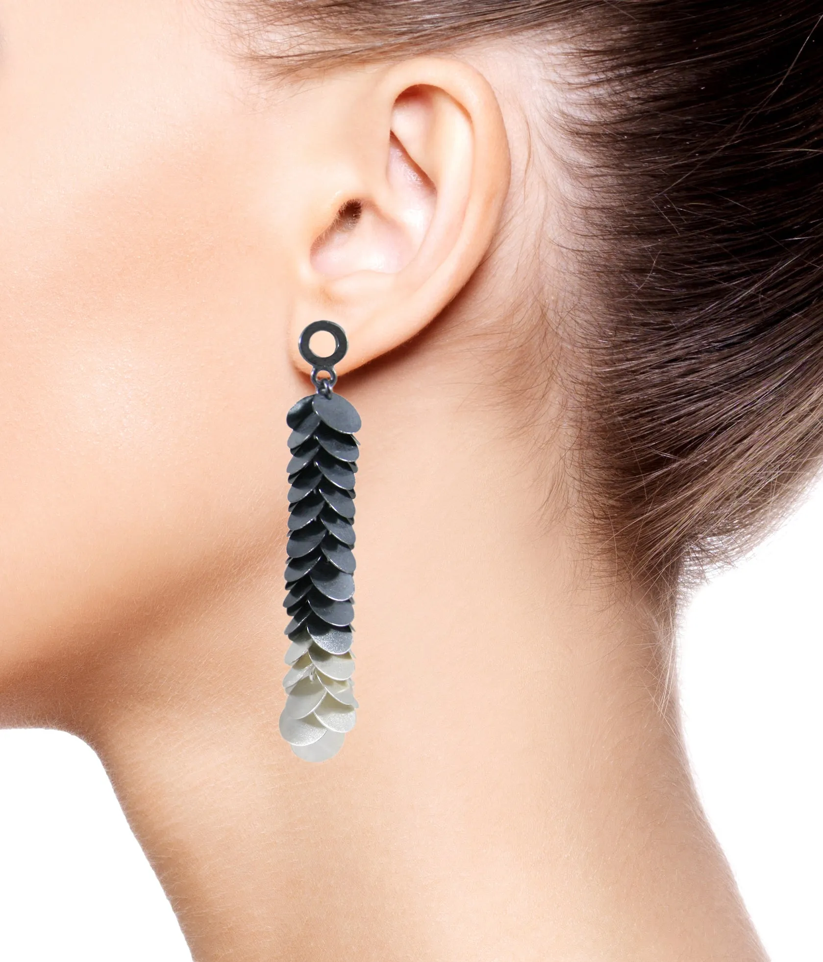 Petals Long Earrings Black & Silver