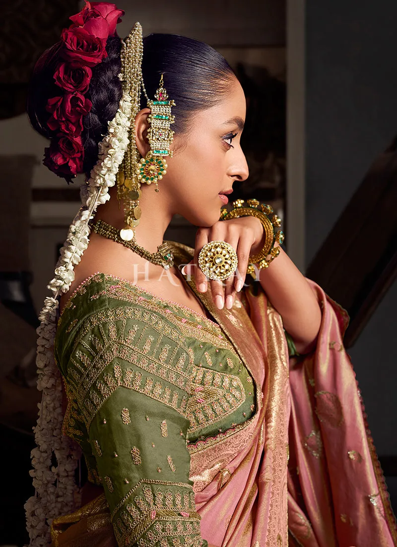 Pink And Green Handwork Tissue Silk Saree