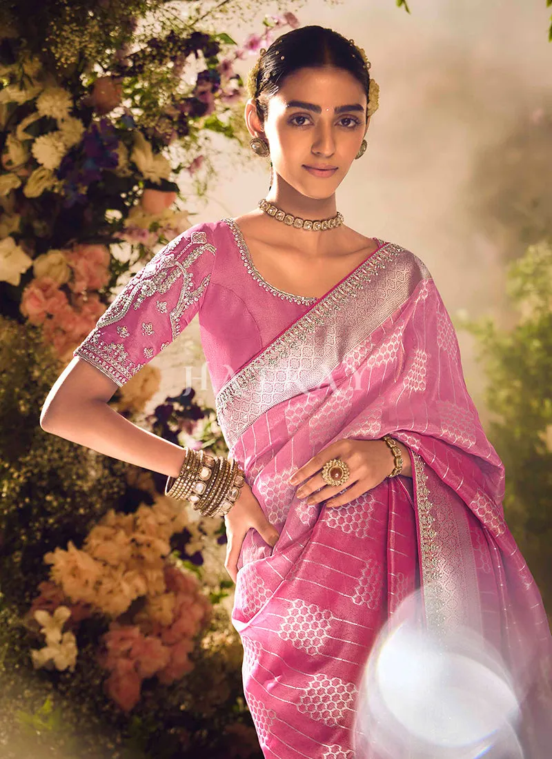 Pink Embroidery Banarasi Saree