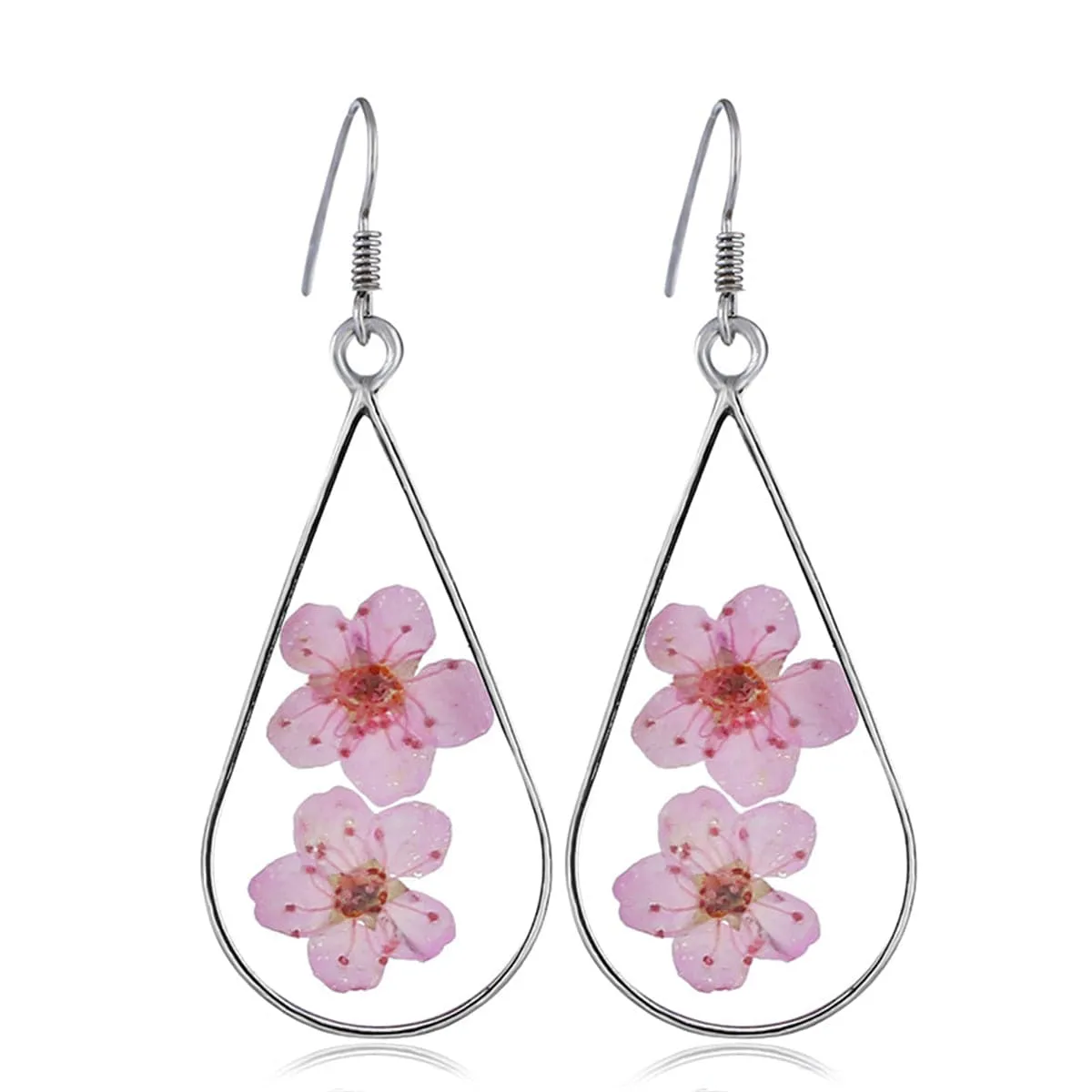 Pink Pressed Flower & Silver-Plated Teardrop Earrings