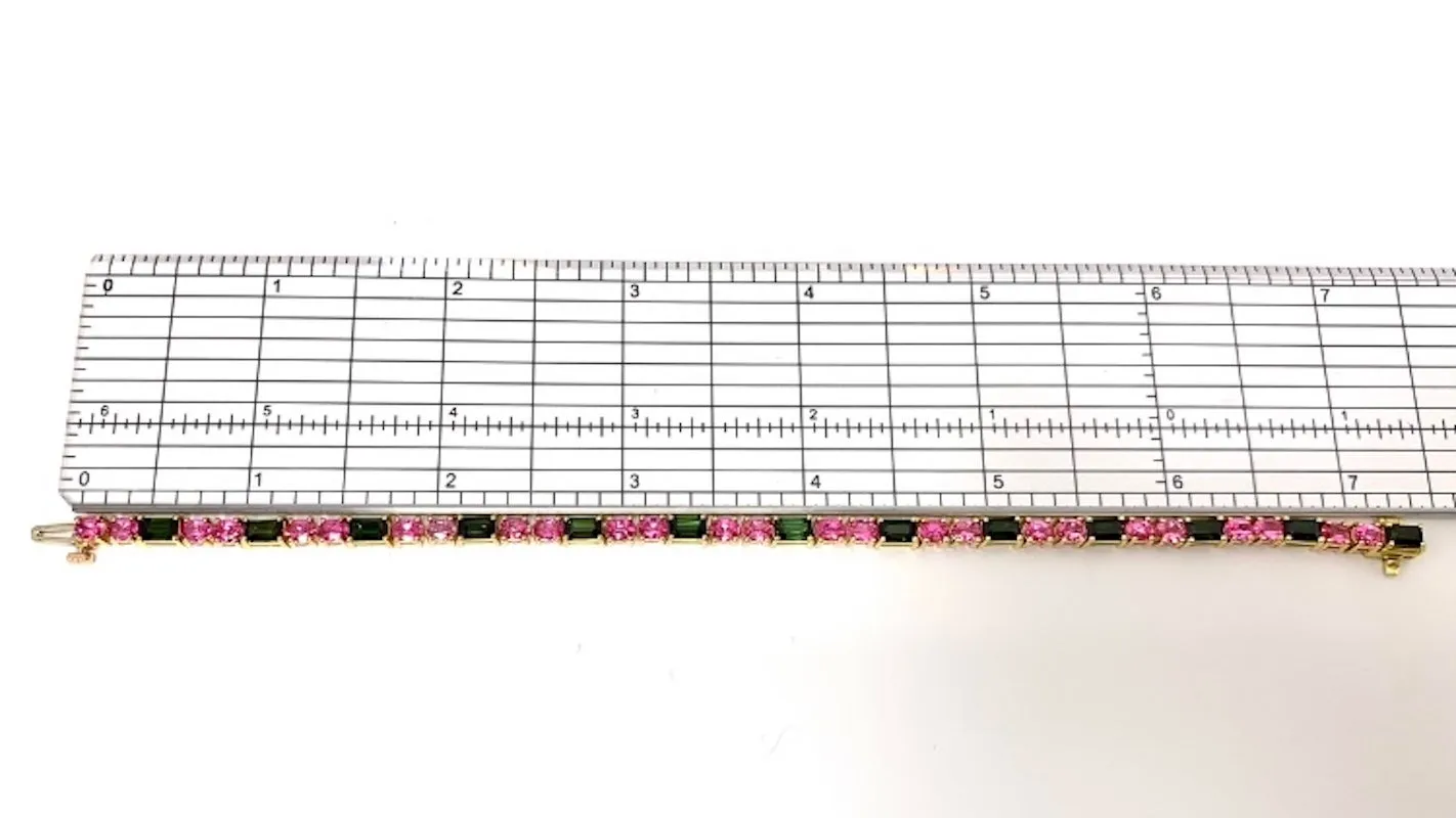 Pink Spinel and Green Tourmaline, Rose and Yellow Gold Tennis Bracelet