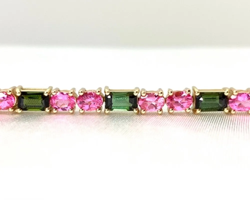 Pink Spinel and Green Tourmaline, Rose and Yellow Gold Tennis Bracelet