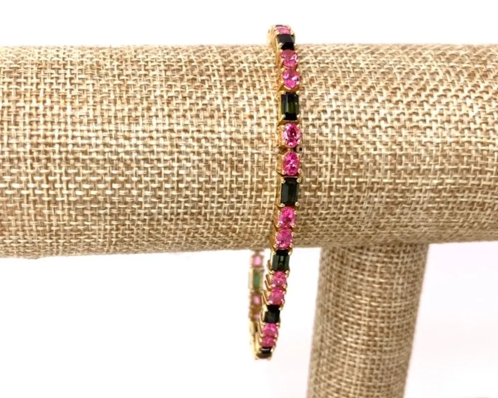 Pink Spinel and Green Tourmaline, Rose and Yellow Gold Tennis Bracelet