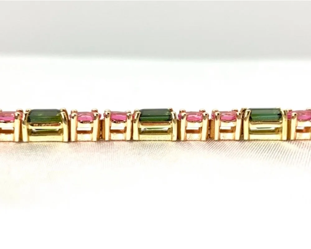 Pink Spinel and Green Tourmaline, Rose and Yellow Gold Tennis Bracelet
