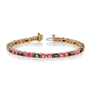 Pink Spinel and Green Tourmaline, Rose and Yellow Gold Tennis Bracelet