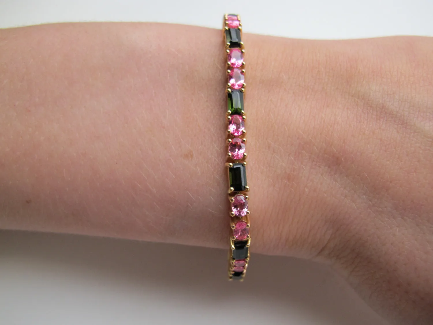 Pink Spinel and Green Tourmaline, Rose and Yellow Gold Tennis Bracelet