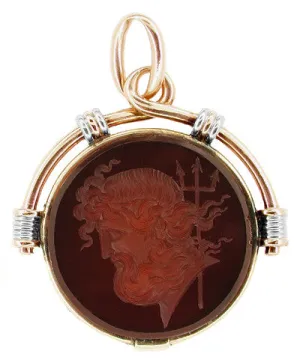 Poseidon Intaglio Pendant in Sard Chalcedony and 14 Karat Rose and White Gold