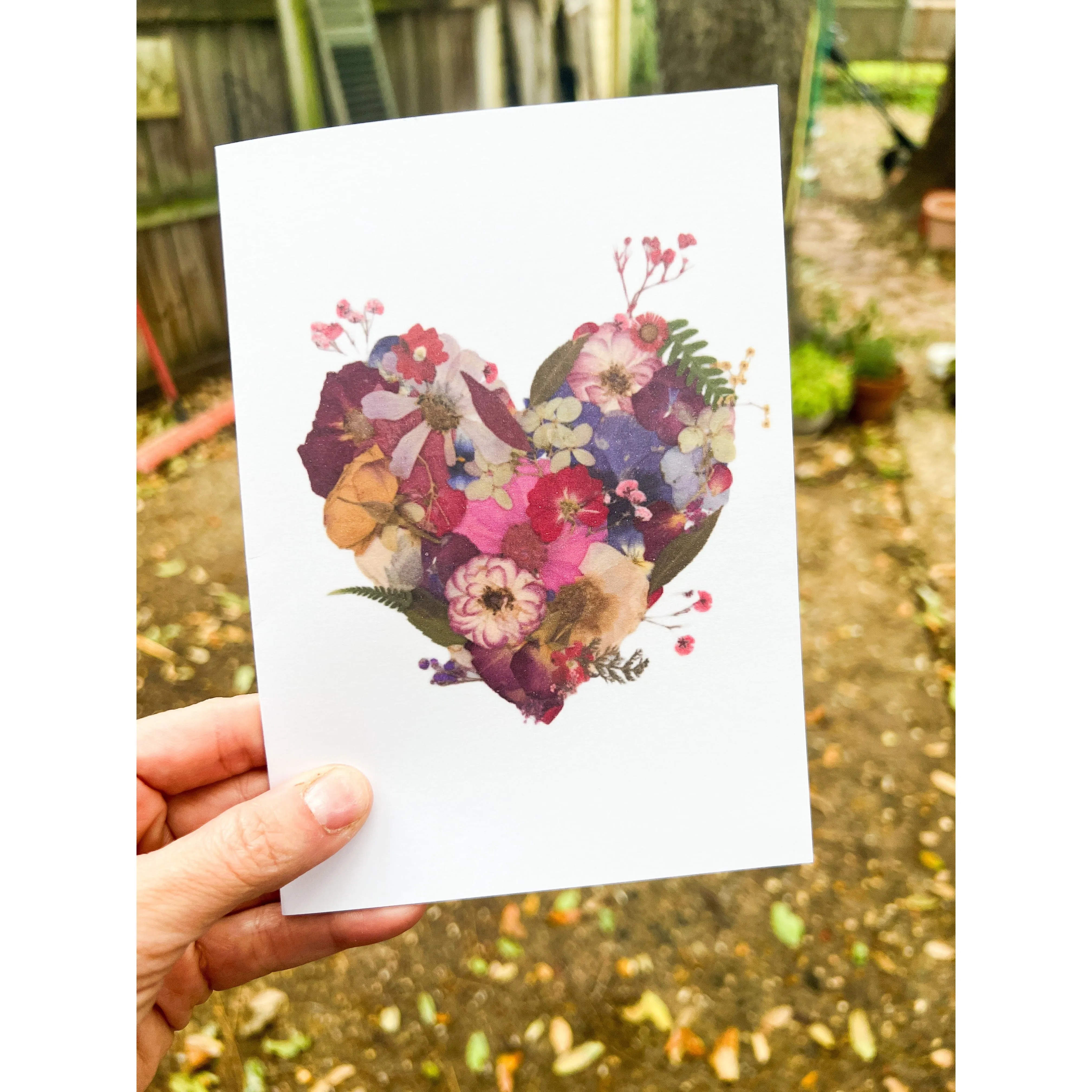 Pressed flower heart blank greeting card