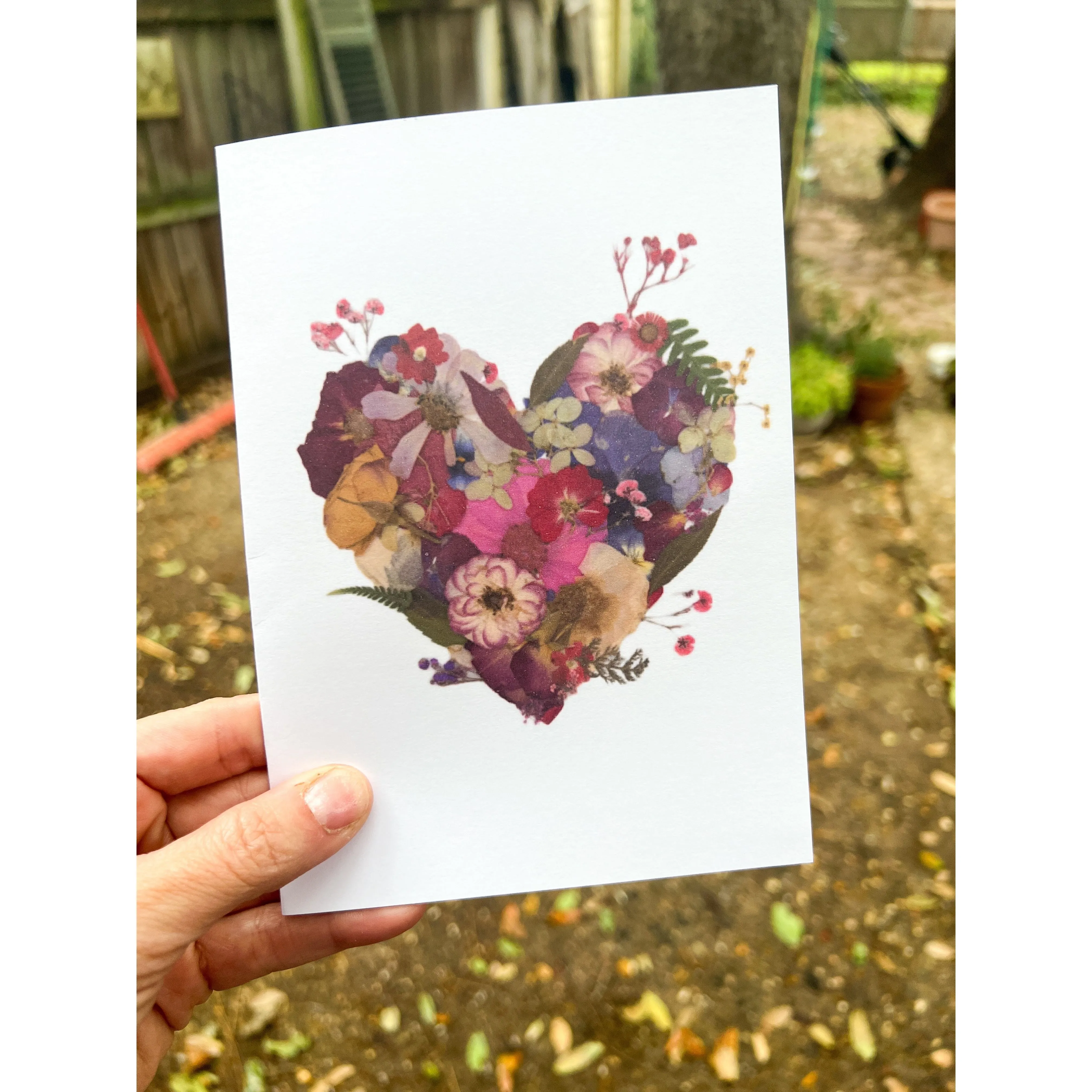 Pressed flower heart blank greeting card