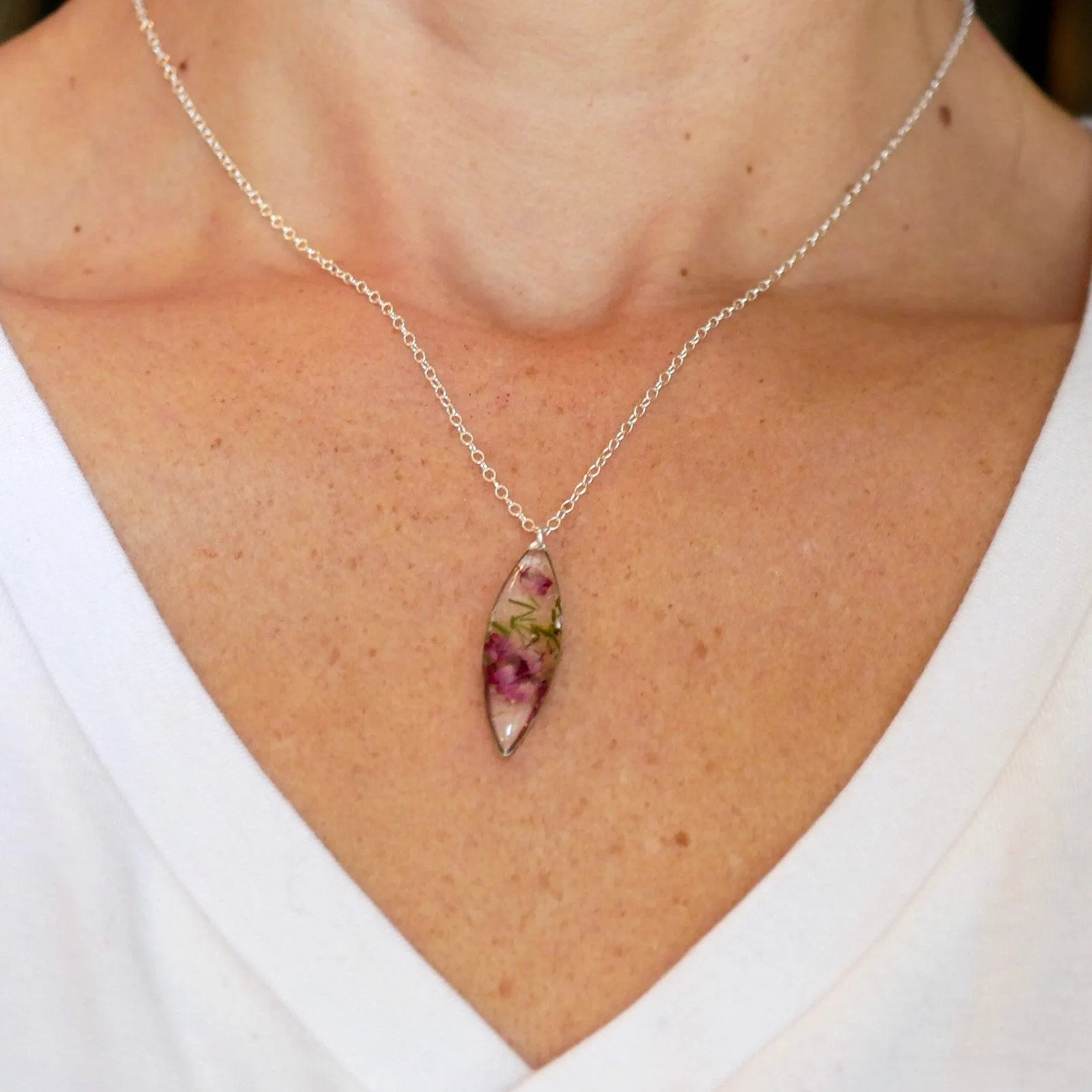 Pressed Heather dainty Marquise Necklace