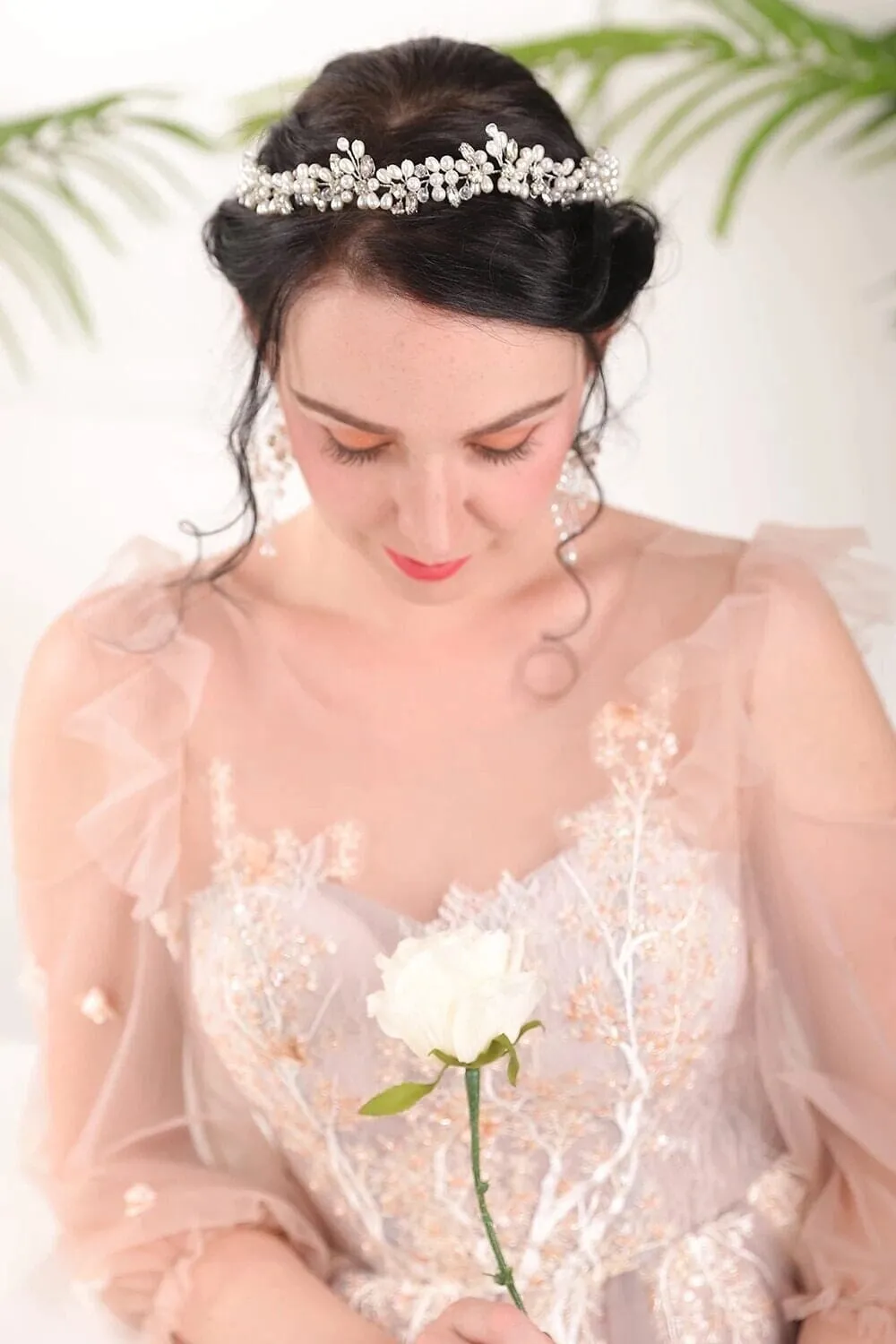 Princess Pearl Tiara and Earrings, Bridal Pearl Headband, Wedding Pearl Head Wreath, Pearl Crown Headpiece
