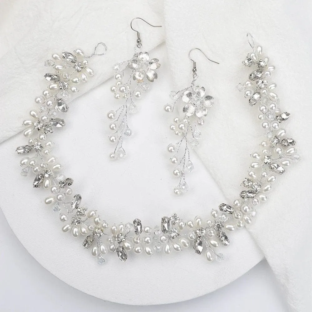 Princess Pearl Tiara and Earrings, Bridal Pearl Headband, Wedding Pearl Head Wreath, Pearl Crown Headpiece