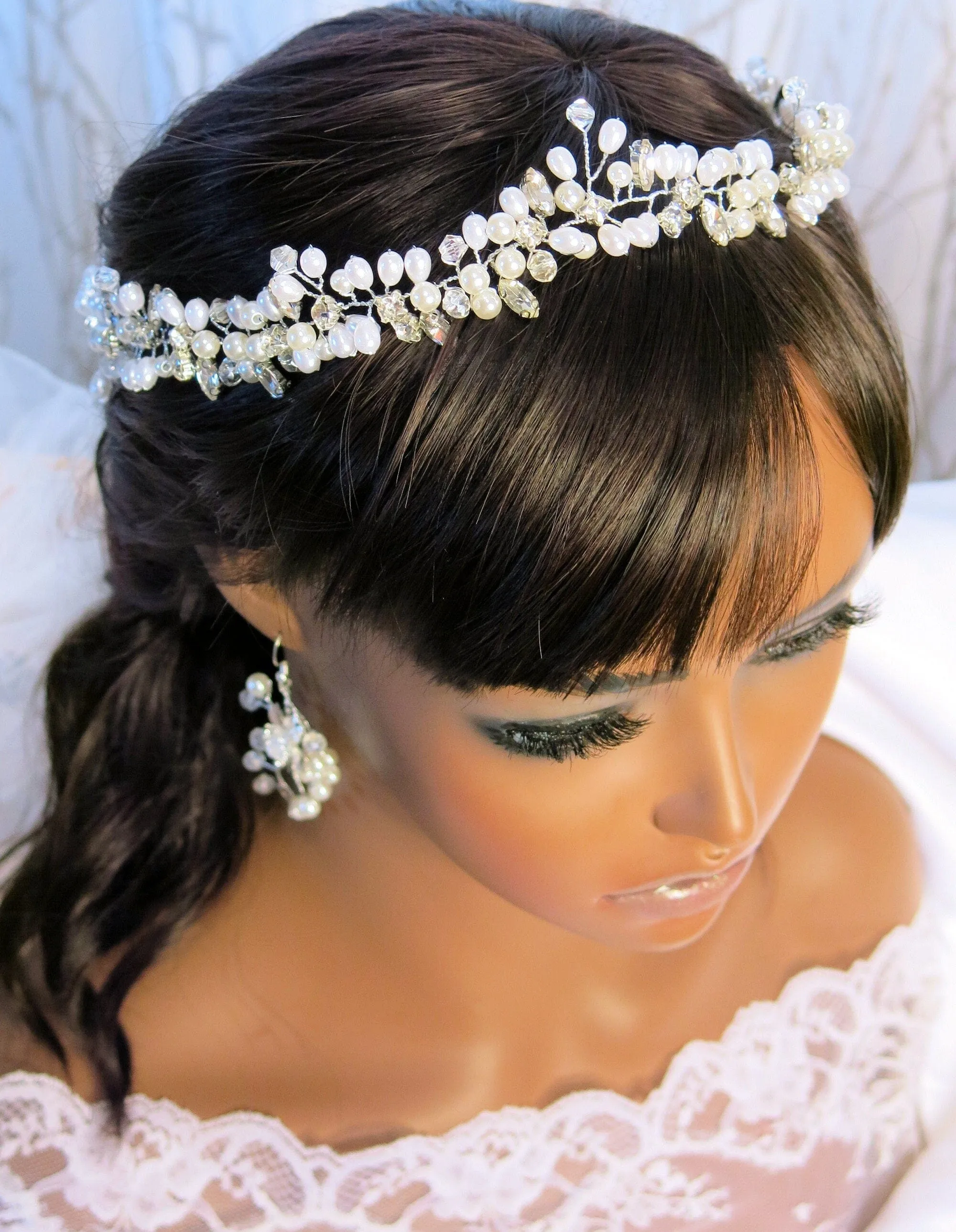 Princess Pearl Tiara and Earrings, Bridal Pearl Headband, Wedding Pearl Head Wreath, Pearl Crown Headpiece