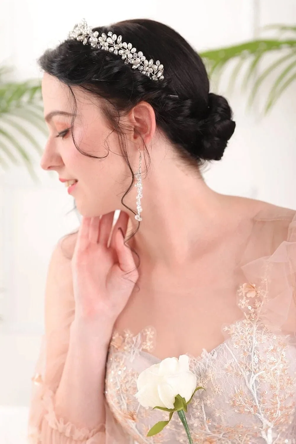 Princess Pearl Tiara and Earrings, Bridal Pearl Headband, Wedding Pearl Head Wreath, Pearl Crown Headpiece