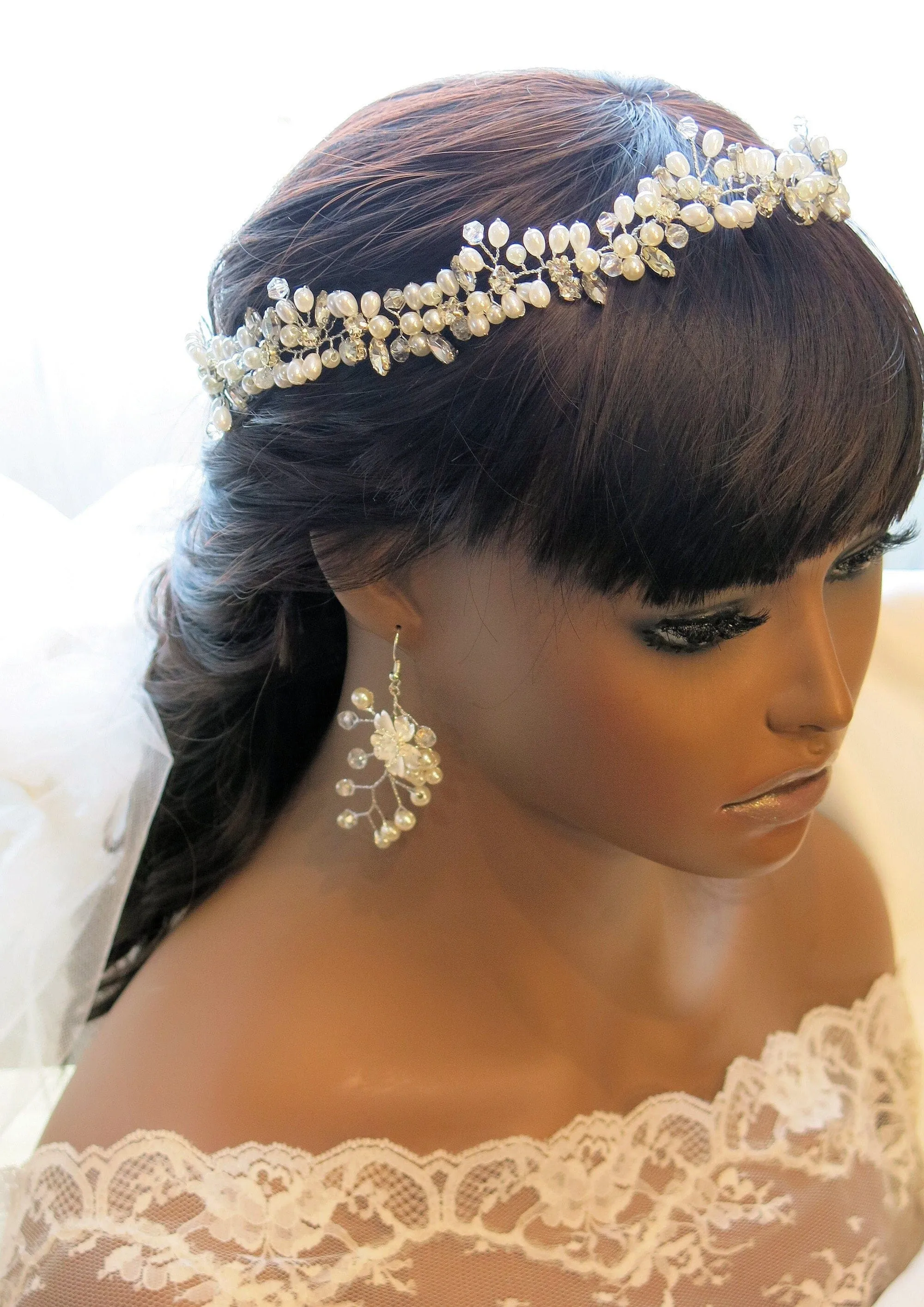Princess Pearl Tiara and Earrings, Bridal Pearl Headband, Wedding Pearl Head Wreath, Pearl Crown Headpiece