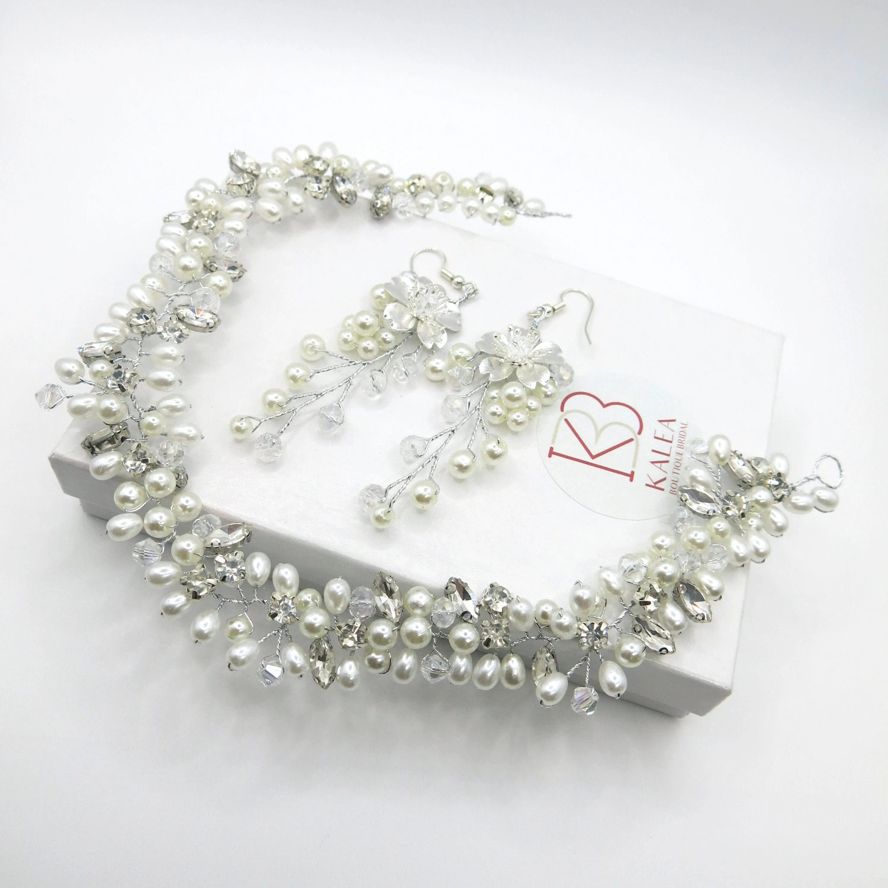 Princess Pearl Tiara and Earrings, Bridal Pearl Headband, Wedding Pearl Head Wreath, Pearl Crown Headpiece