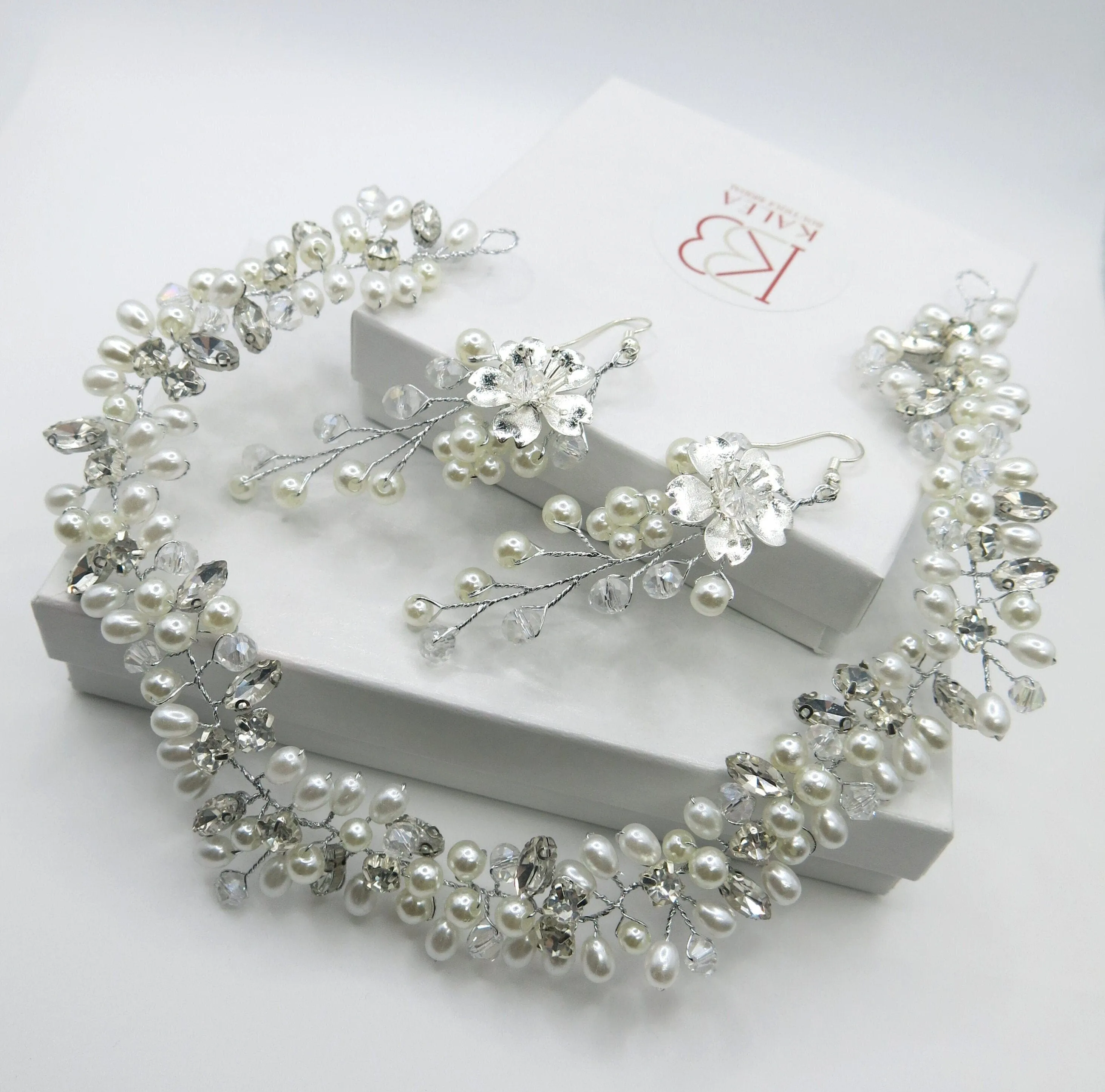 Princess Pearl Tiara and Earrings, Bridal Pearl Headband, Wedding Pearl Head Wreath, Pearl Crown Headpiece