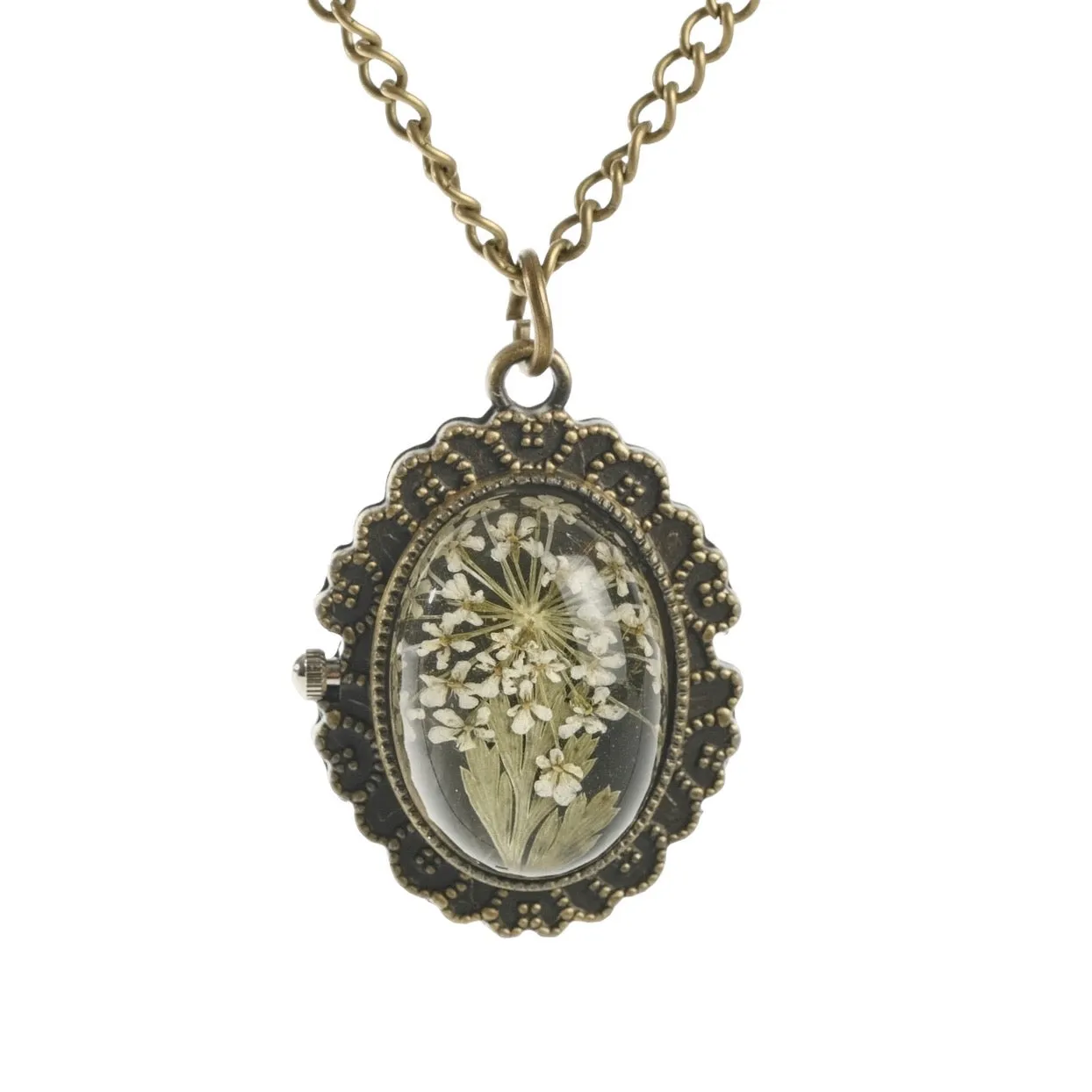 Queen Anne's Lace Pressed Flower Pocket Watch