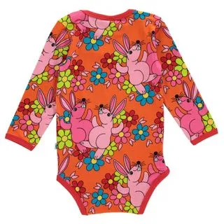 Rabbits And Flowers Long Sleeve Onesie - Orange