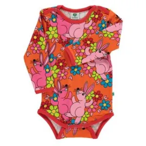 Rabbits And Flowers Long Sleeve Onesie - Orange