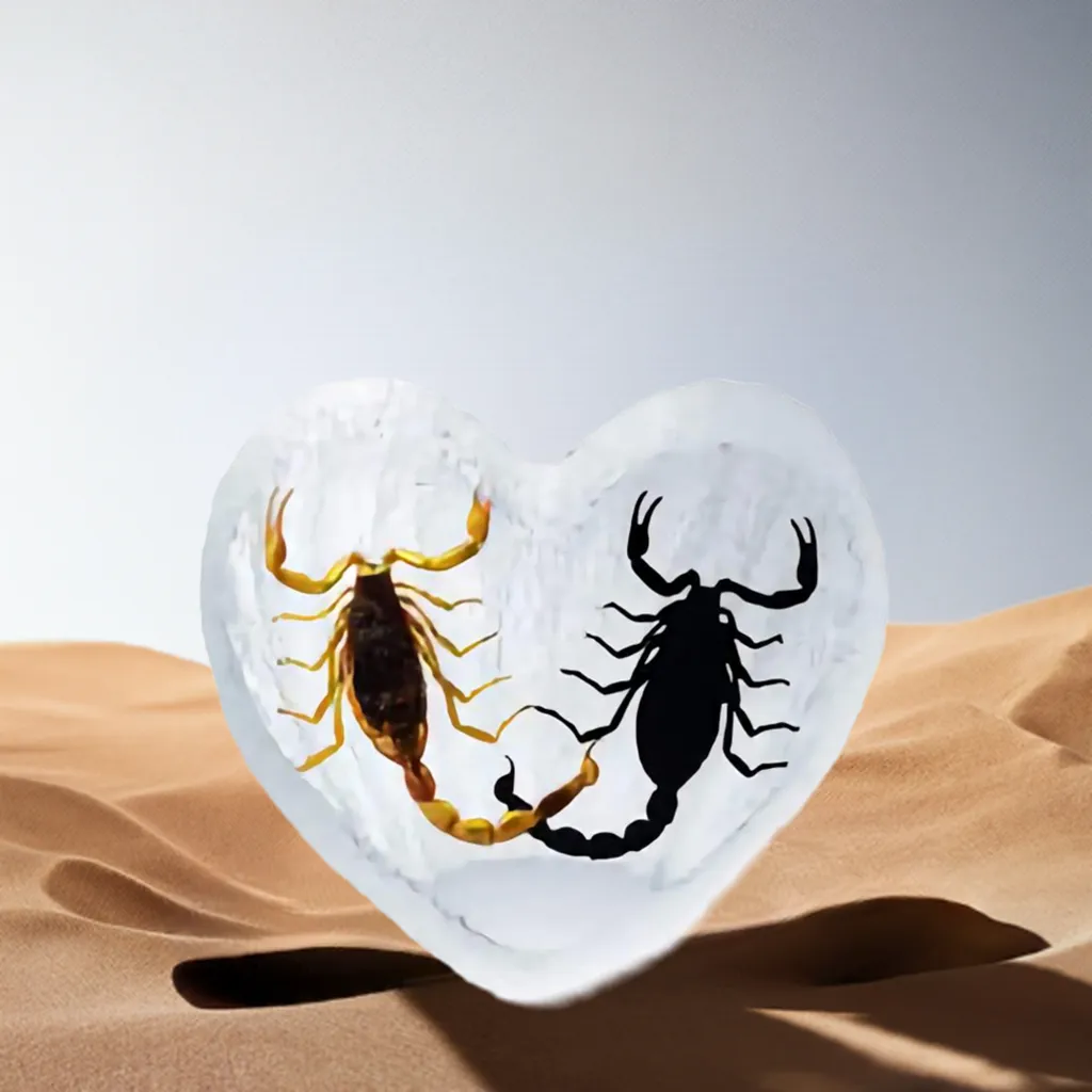 Real Black Emperor Scorpion and Real Bark Scorpion Heart Shape Desktop Real Nature Gift