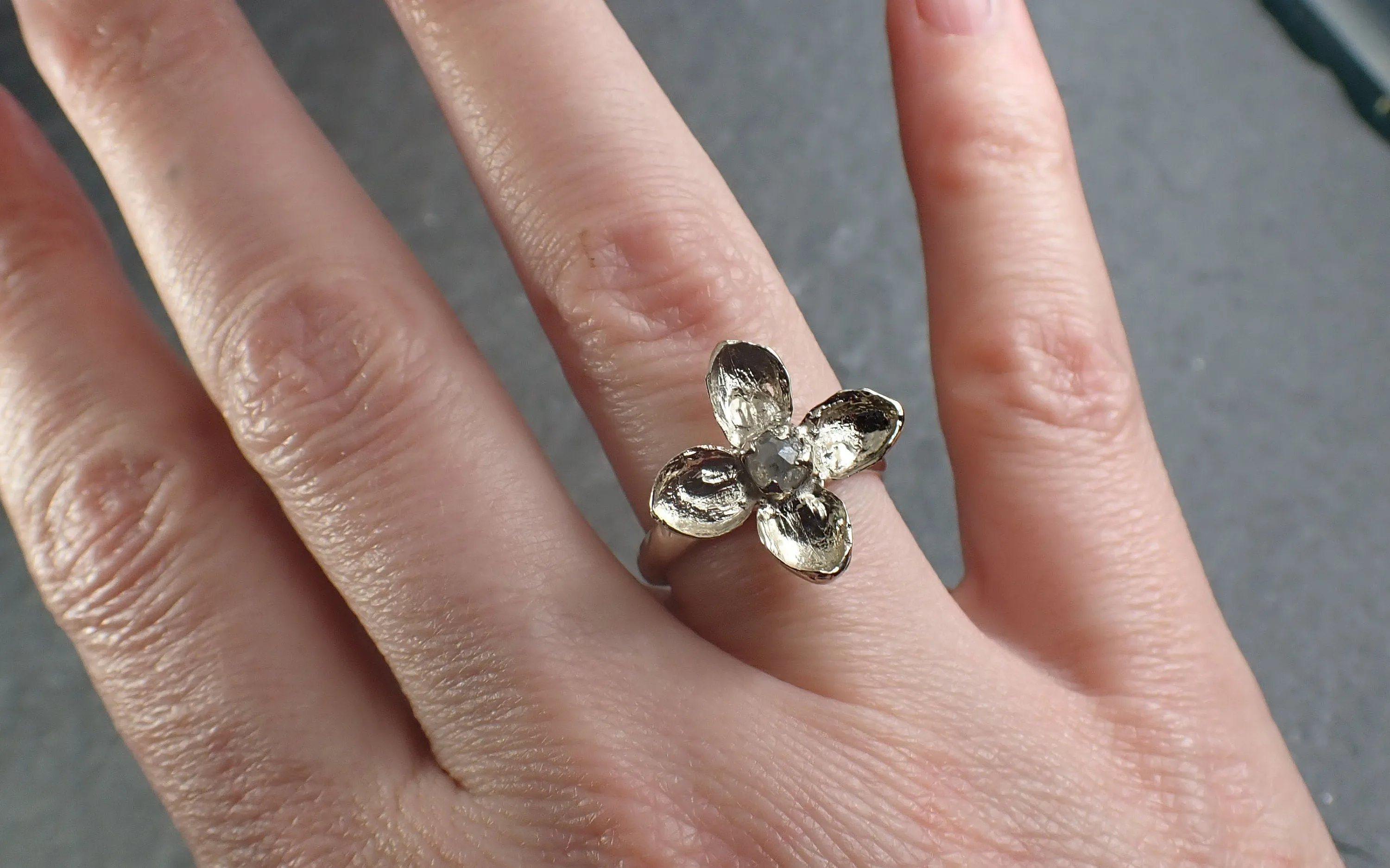Real Flower and fancy cut diamond 18k White gold wedding engagement ring Enchanted Garden Floral Ring byAngeline 2992