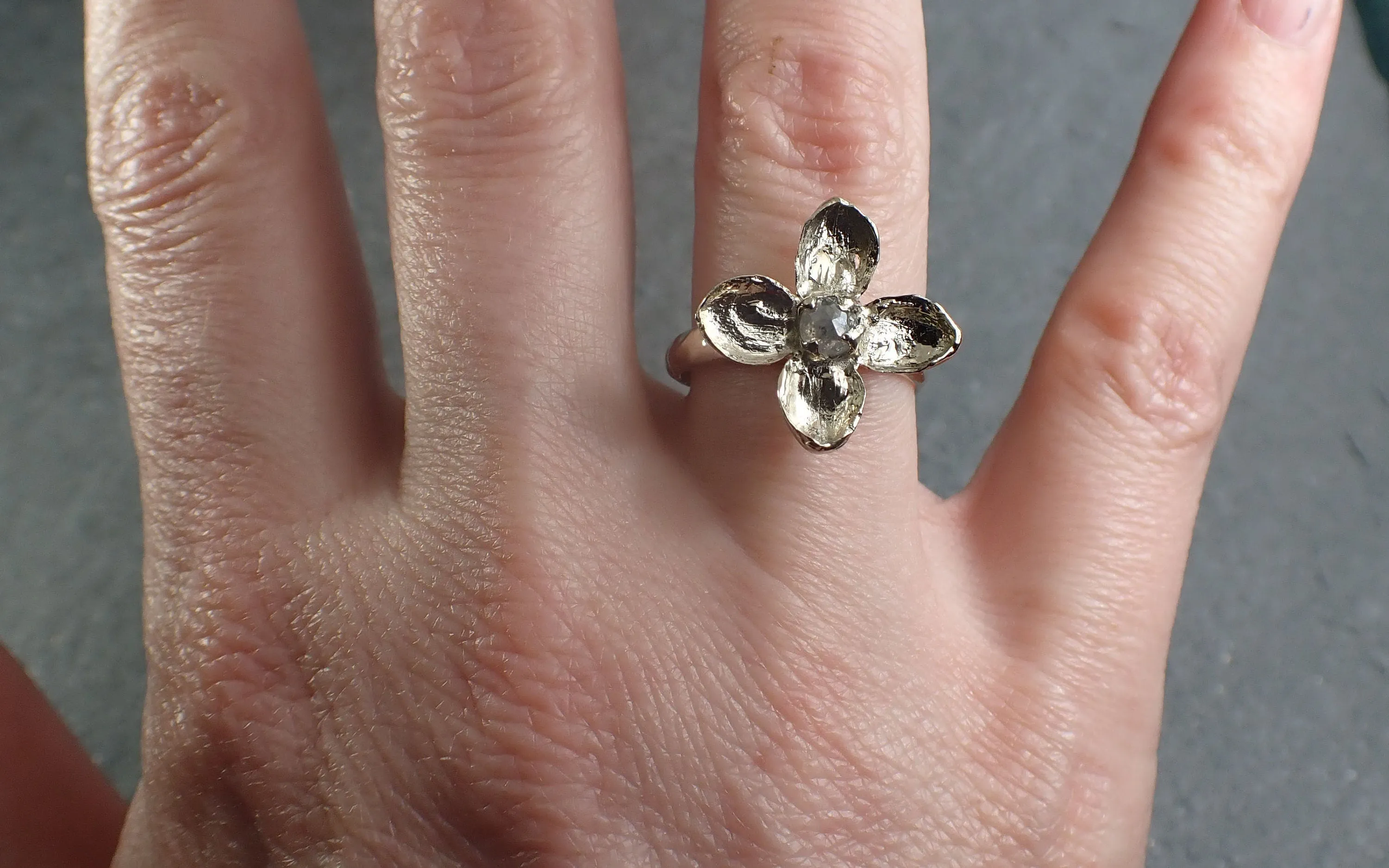 Real Flower and fancy cut diamond 18k White gold wedding engagement ring Enchanted Garden Floral Ring byAngeline 2992